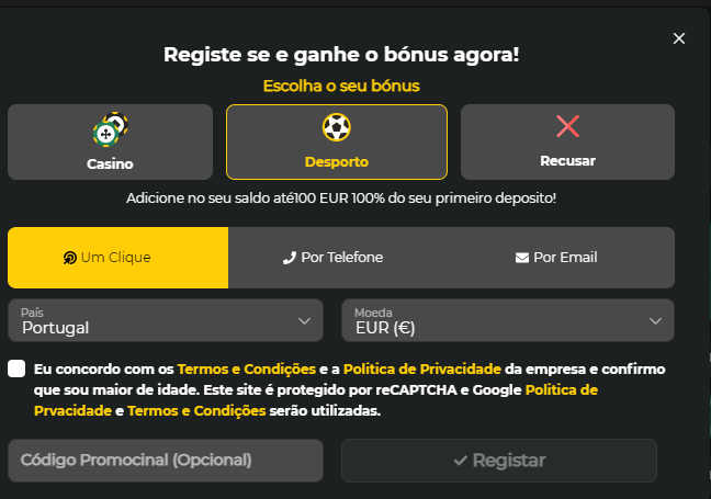 Registo na Bet Winner Portugal