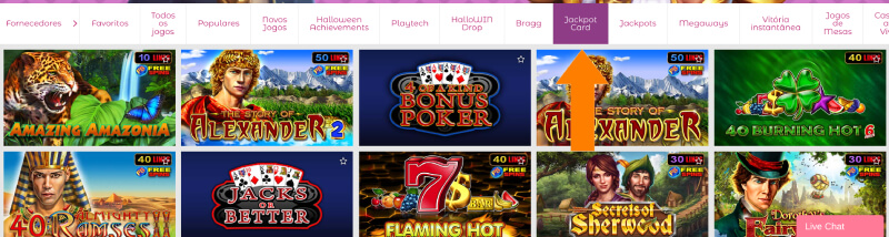 Jogos que estão no separador Jackpot Card do casino SlottoJam