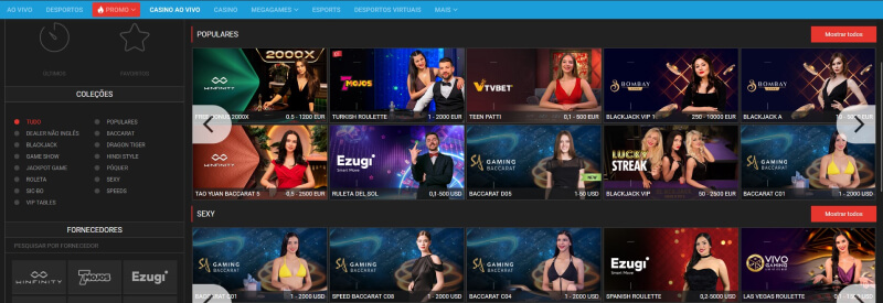 Página de casino ao vivo na Megapari