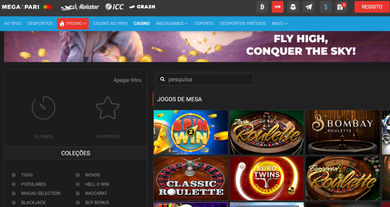 Página com jogos de mesa no casino Megapari