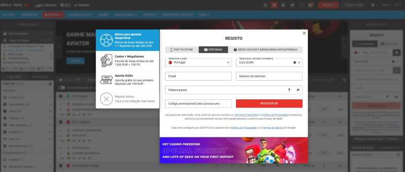 Página para criar conta na Megapari Portugal