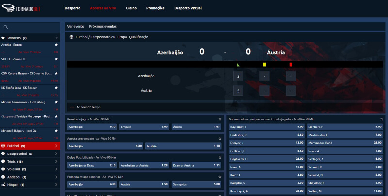 Separador de apostas ao vivo na TornadoBet