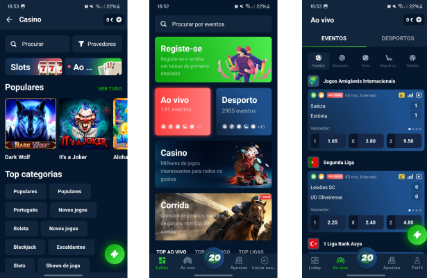Páginas de casino e apostas ao vivo na App 20Bet