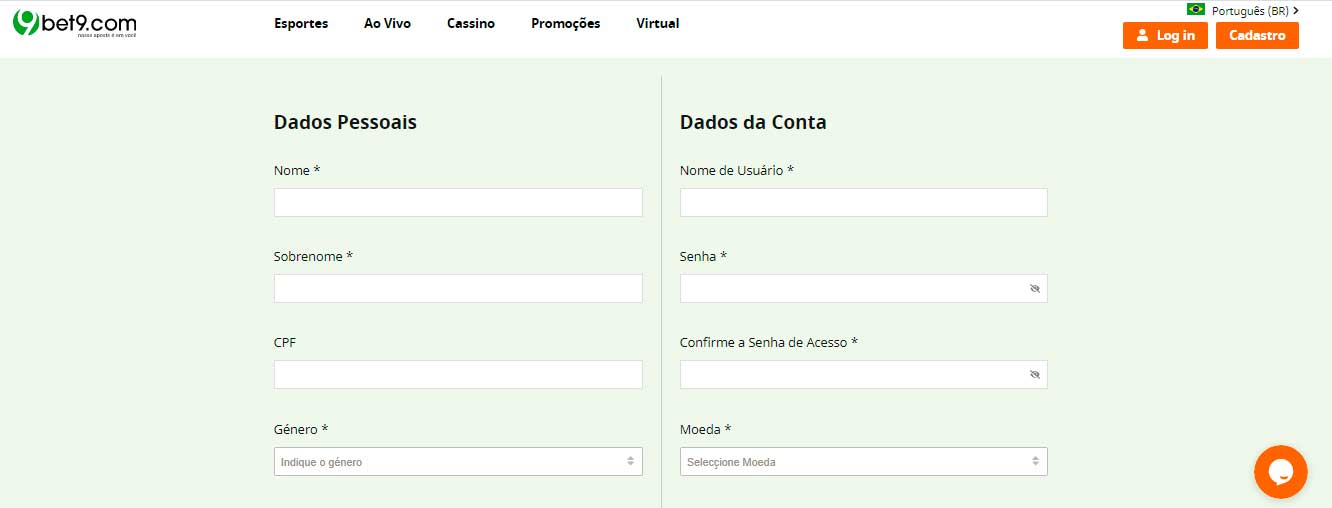 Formulário de Registo da Bet9