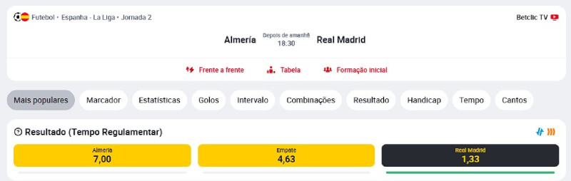 Filtros de Pesquisa dos Mercados de Apostas na Betclic