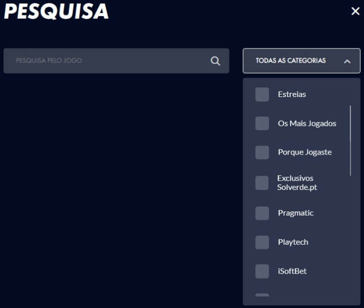 Filtros de Pesquisa dos Jogos no Casino da Solverde