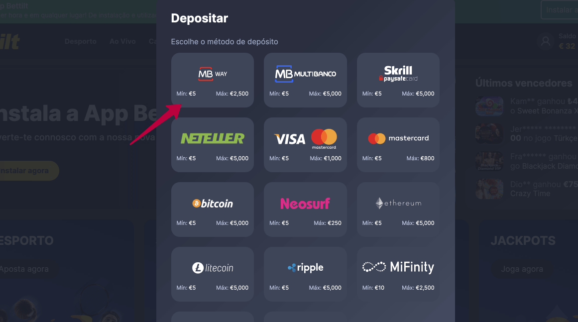 Deposite já através do MB Way Bettilt