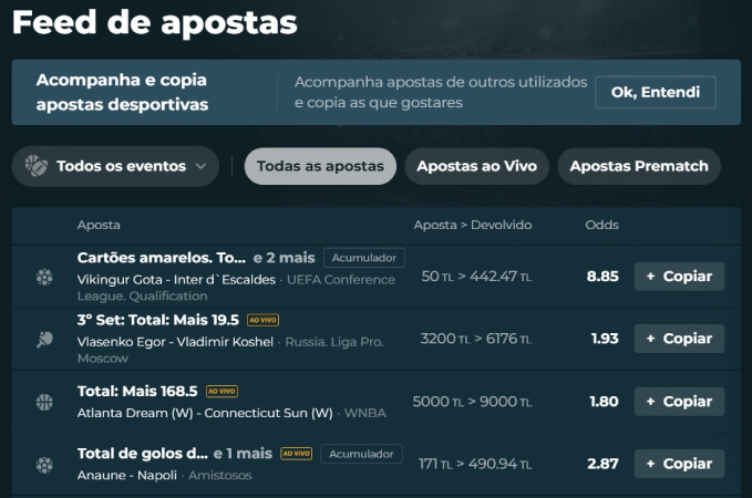 Feed de Apostas na Rokubet