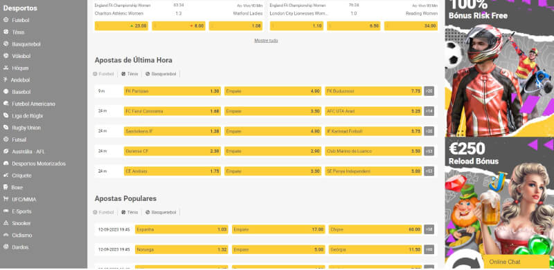 Secção de Apostas Desportivas na ReloadBet