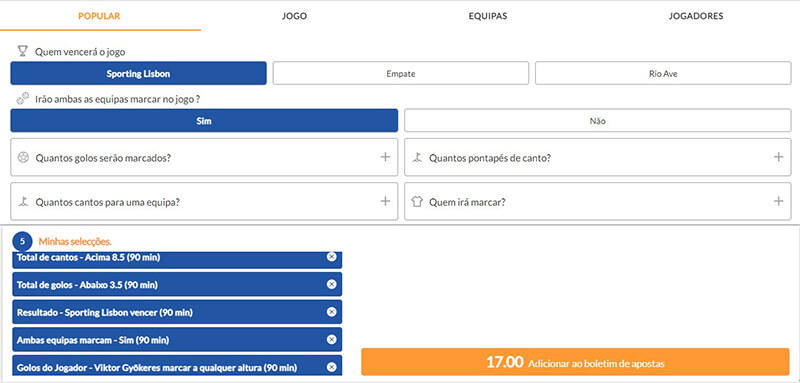 Exemplo de utilização da ferramenta Build a Bet na Kikobet