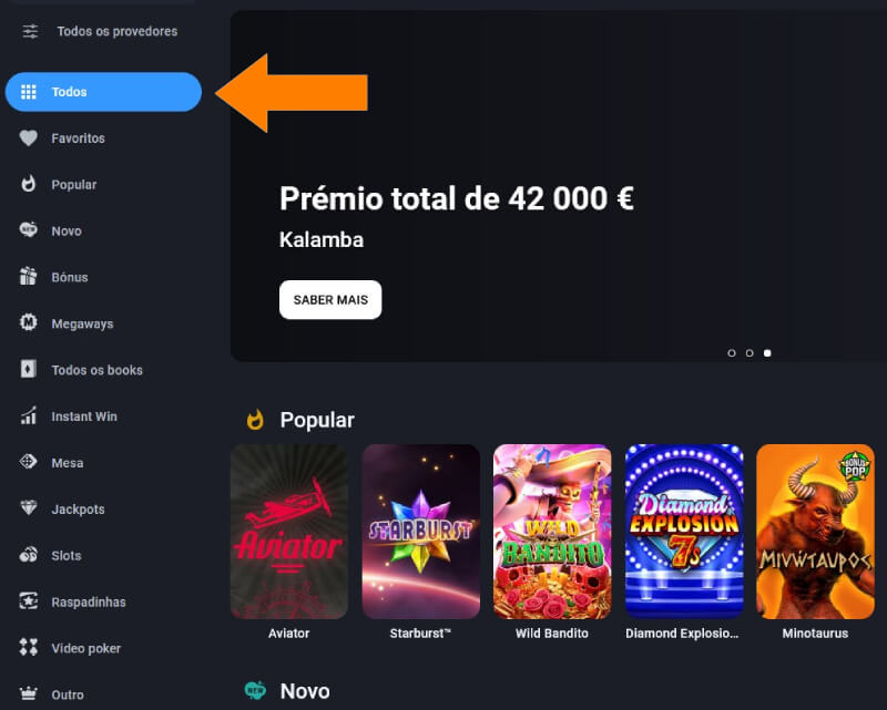 Opções para filtrar os jogos no casino da Twin