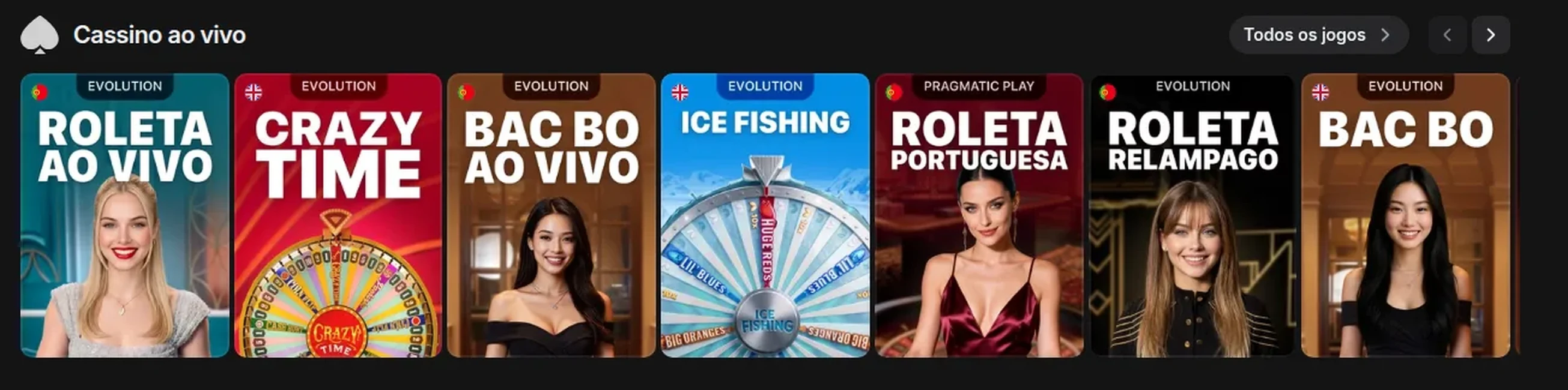 Fila Cassino ao vivo da 1win: Roleta ao Vivo, Crazy Time, Bac Bo ao Vivo, Ice Fishing, Roleta Portuguesa e Roleta Relâmpago, cada mesa com a bandeira do idioma e o selo do fornecedor Evolution ou Pragmatic Play