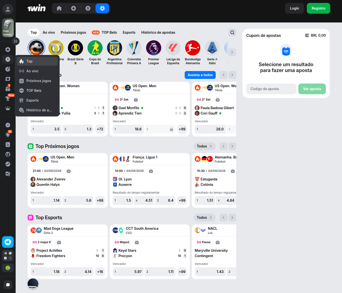 Seção de esportes da 1win com Brasil Série A e Copa do Brasil