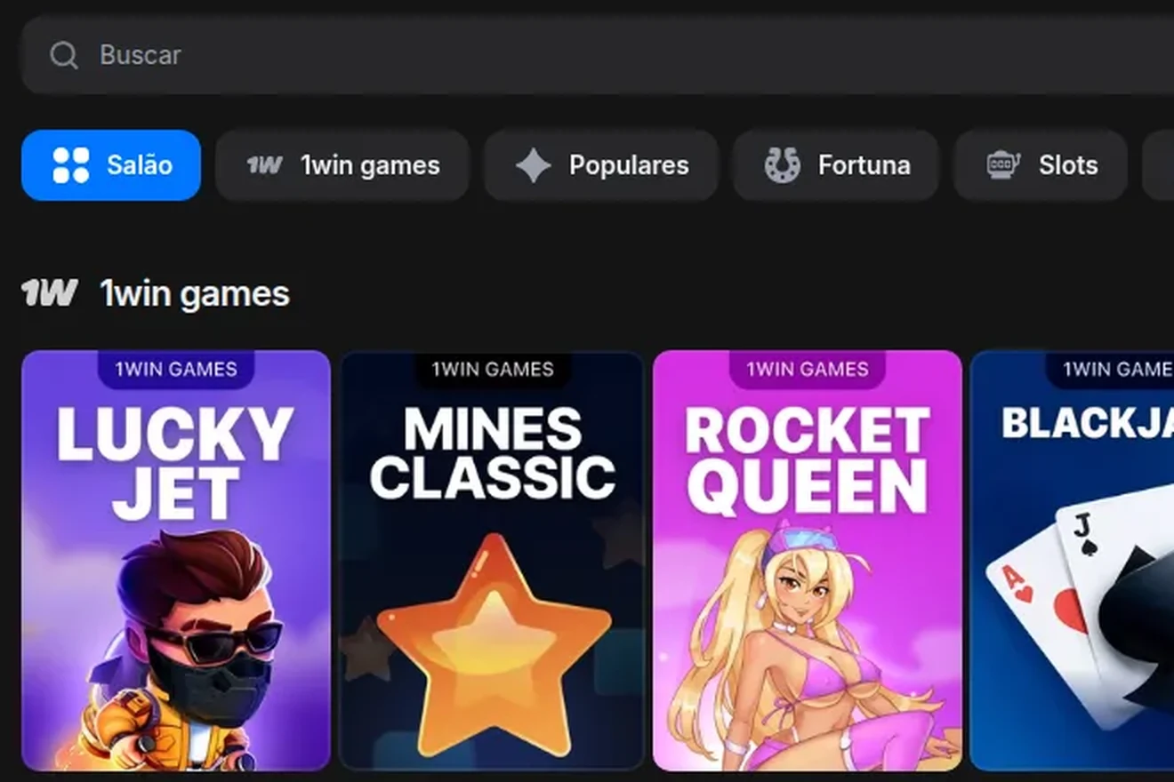 Busca e categorias do lobby da 1win — Salão, 1win games, Populares, Fortuna, Slots — e a prateleira 1win games com Lucky Jet, Mines Classic e Rocket Queen