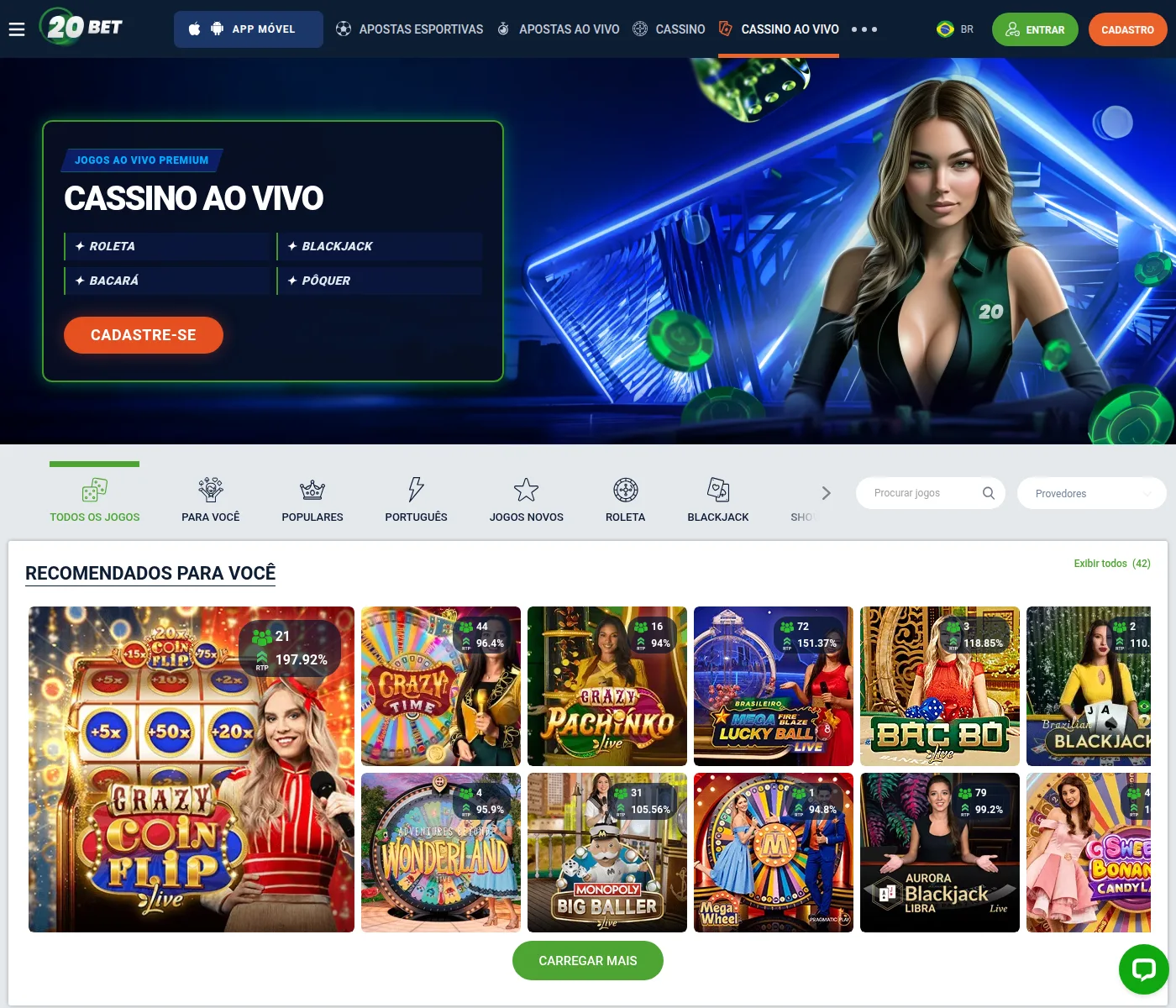 Cassino ao vivo da 20Bet com roleta, blackjack, bacará e pôquer, e uma categoria em português