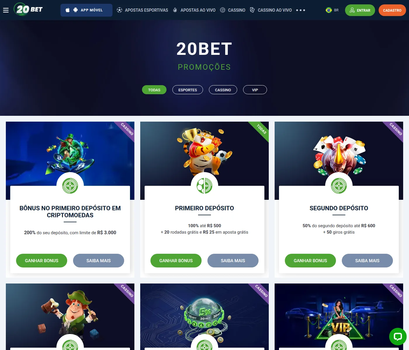 Página de promoções da 20Bet, com o bônus de 200% no primeiro depósito em criptomoedas, limitado a R$ 3.000