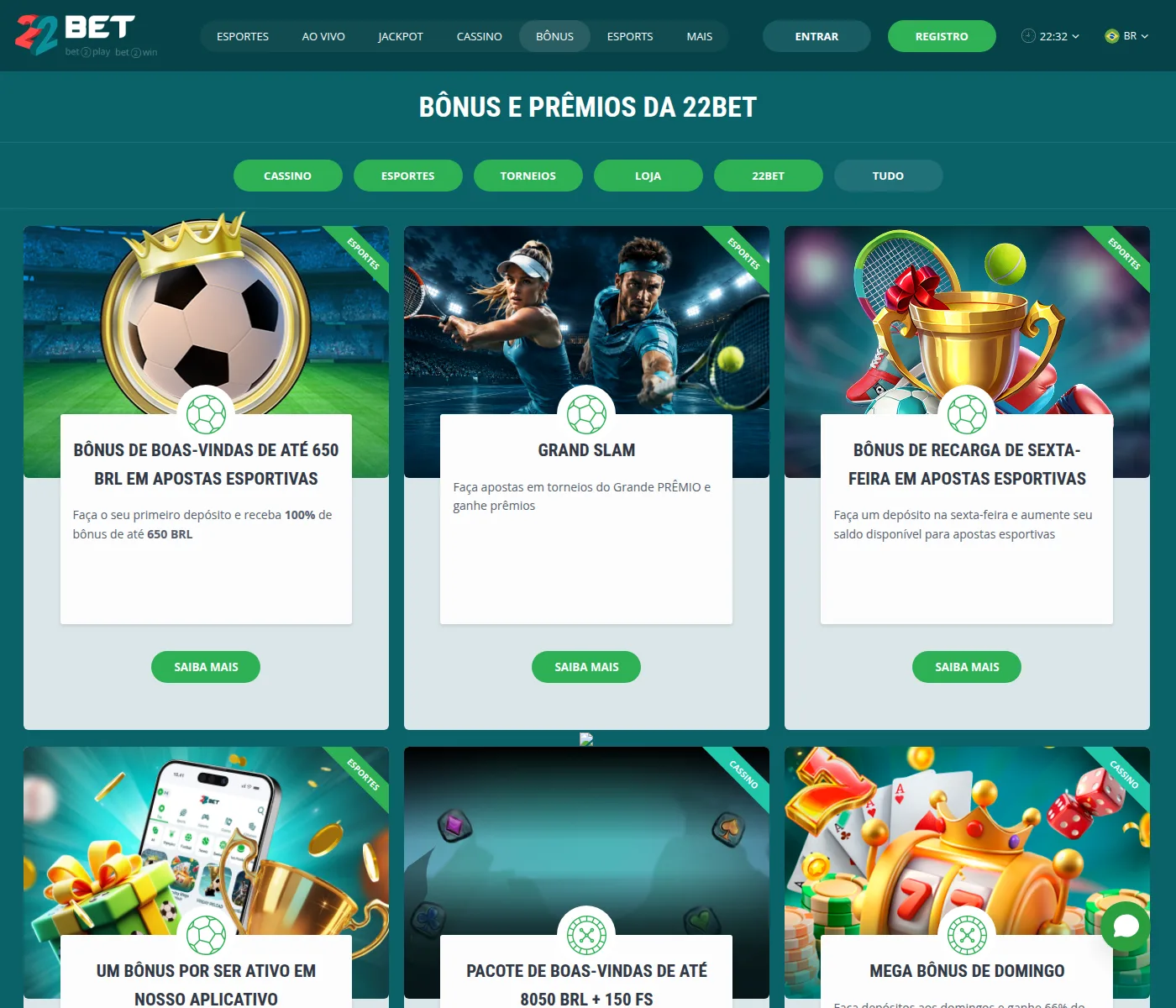 Página de promoções da 22bet, onde fica o bônus mensal para quem usa o app
