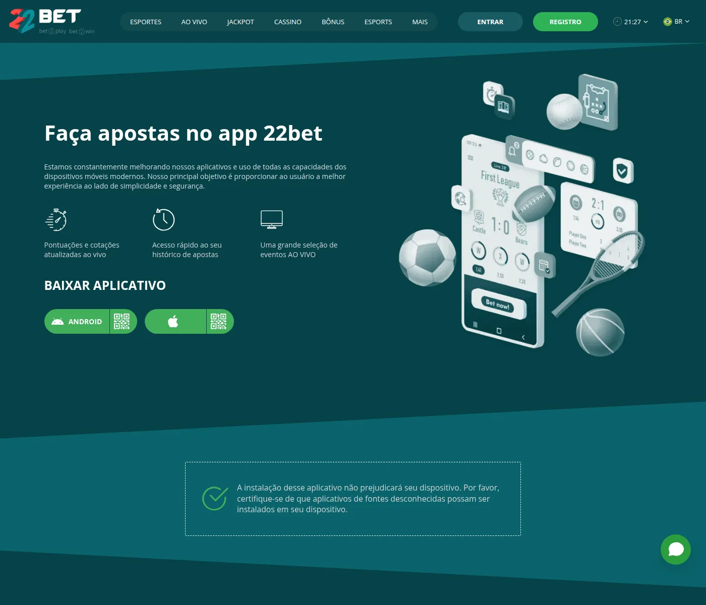 Página do app da 22bet no Brasil, com o botão de download para Android