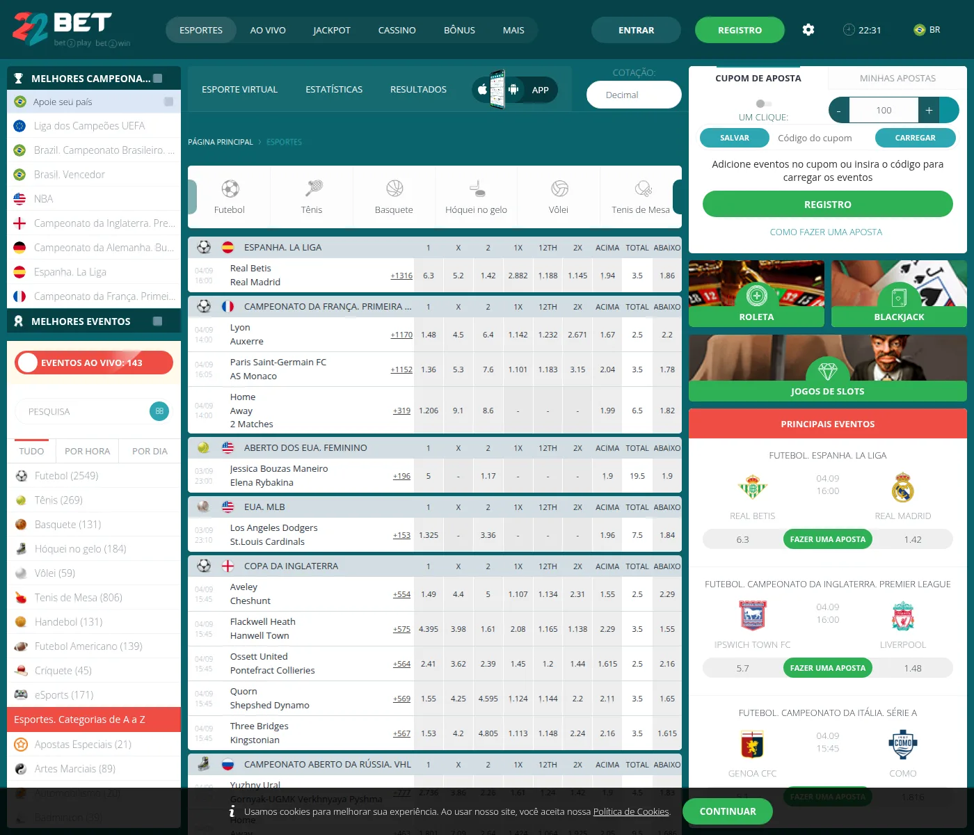 Secção de esportes da 22bet, que o app espelha