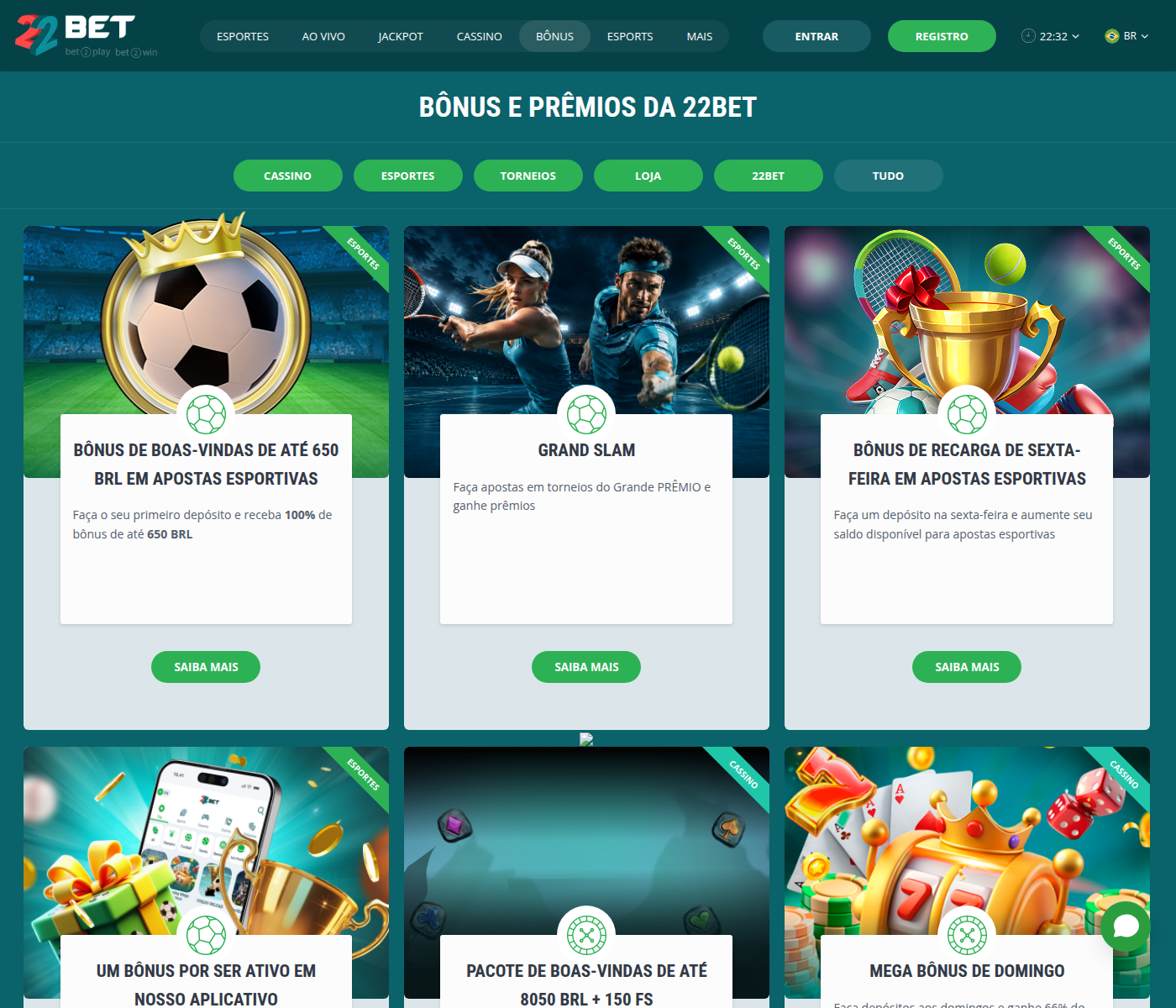 Página de bônus e prêmios da 22bet com ofertas em reais