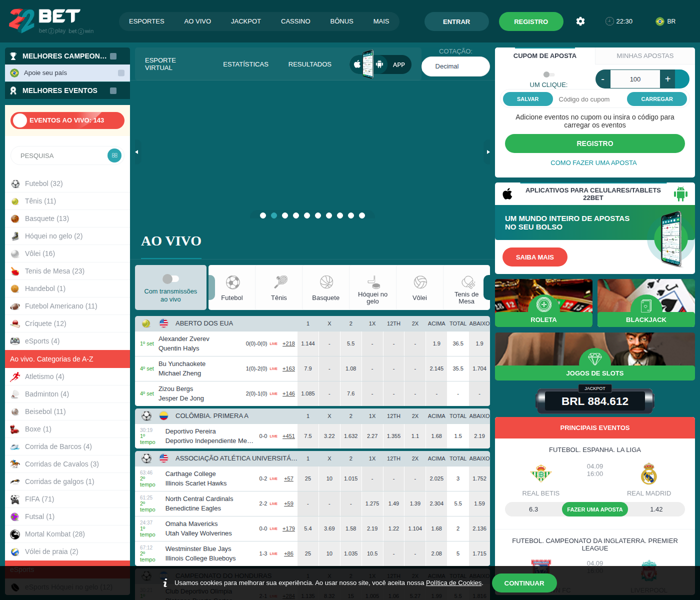 Página inicial da 22bet com apostas ao vivo e jackpot em reais