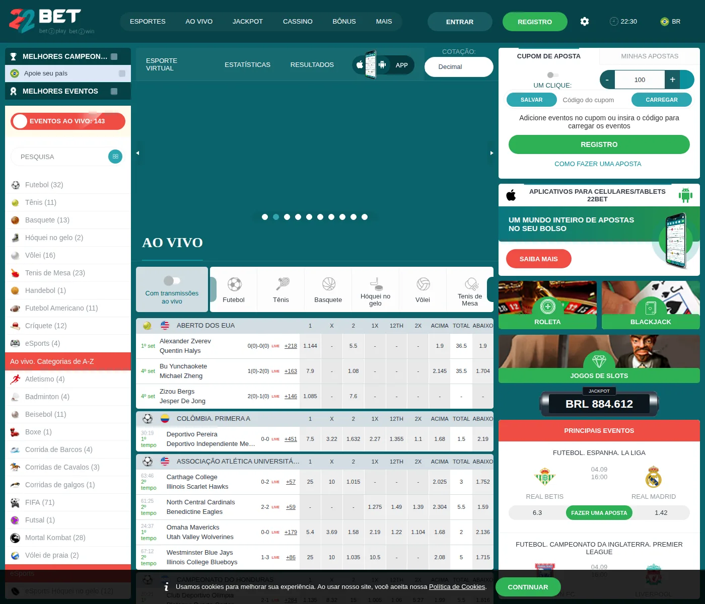 Página inicial da 22bet com apostas ao vivo e jackpot em reais