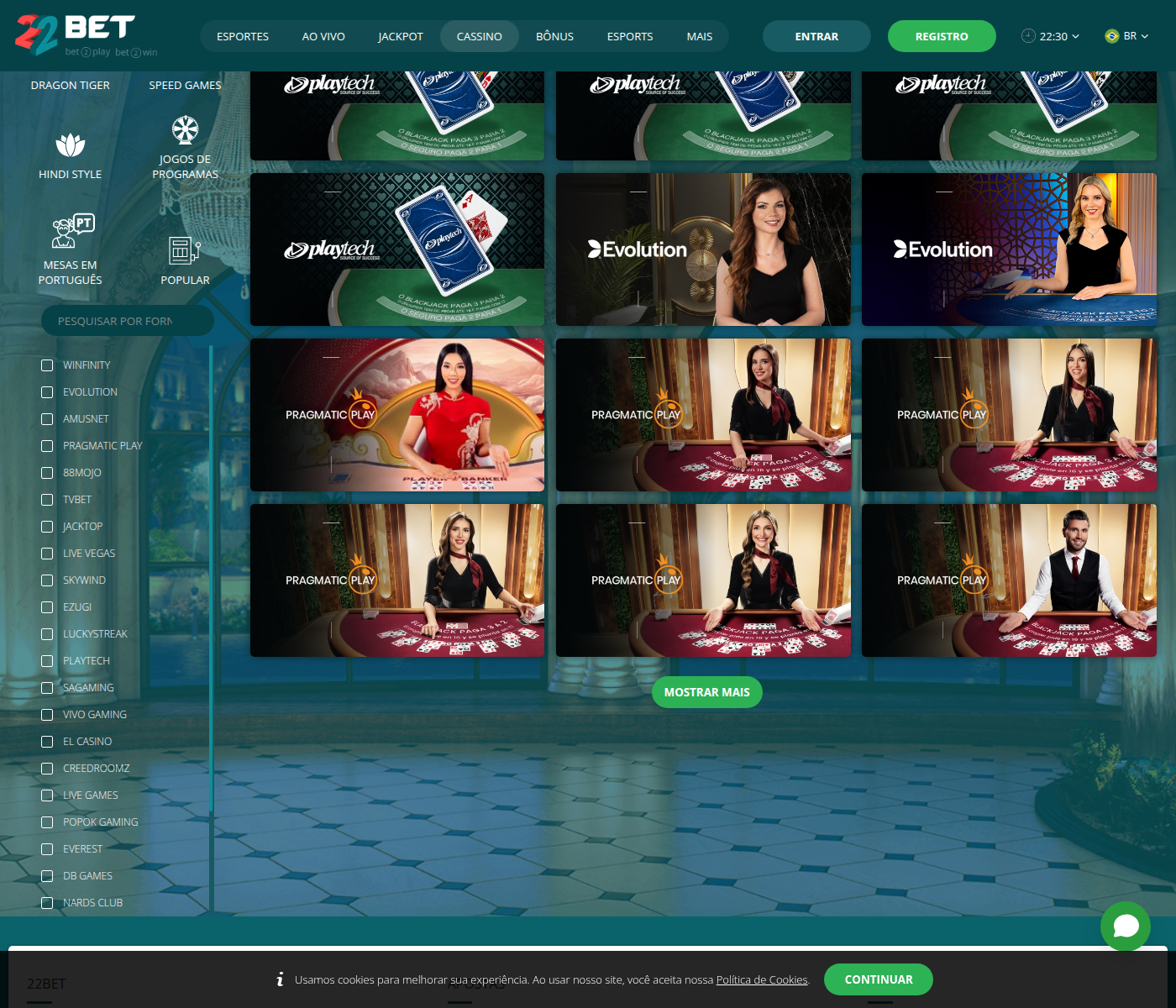 Mesas de cassino ao vivo da 22bet