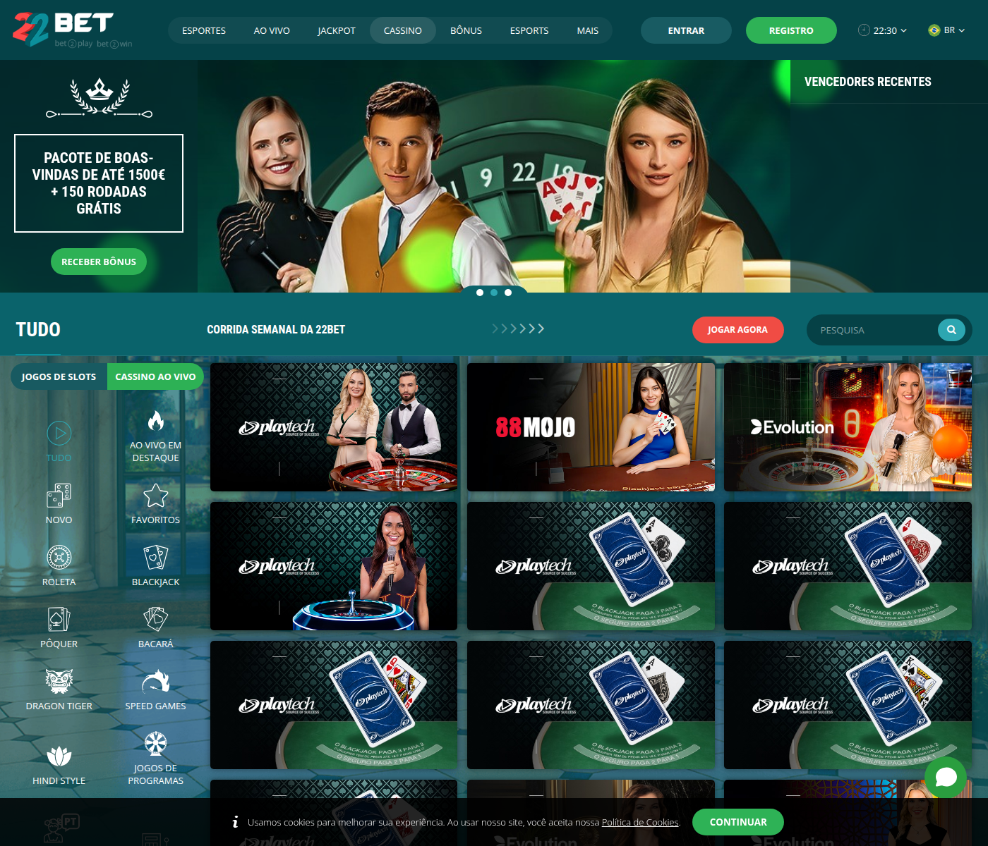 Cassino da 22bet com o pacote de boas-vindas de até 8.050 BRL