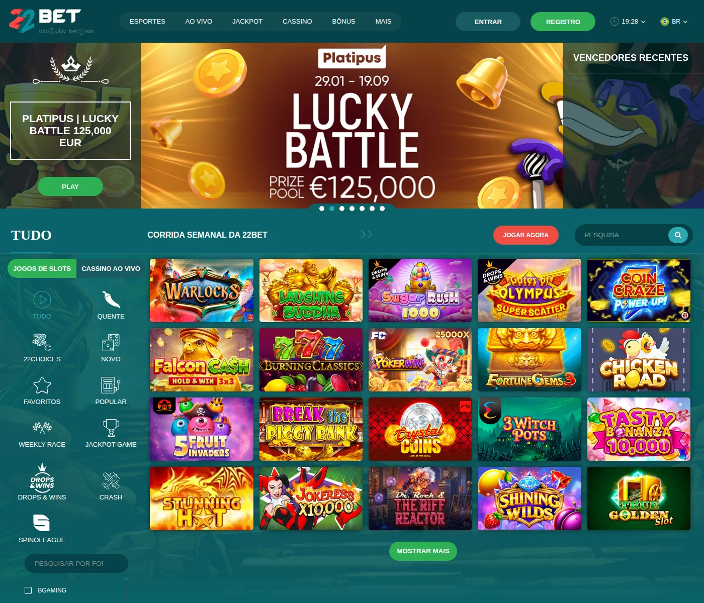 Caça-níqueis da 22bet com o torneio Lucky Battle da Platipus anunciado em euros — prize pool de €125.000 — e a coluna de categorias com Drops & Wins, Crash e Jackpot Game