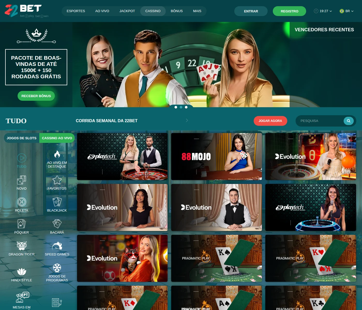 Lobby do cassino da 22bet visto do Brasil, com o pacote de boas-vindas anunciado em euros — até 1500€ mais 150 rodadas grátis —, a seção Jackpot no menu principal e as mesas ao vivo da Evolution e da Playtech