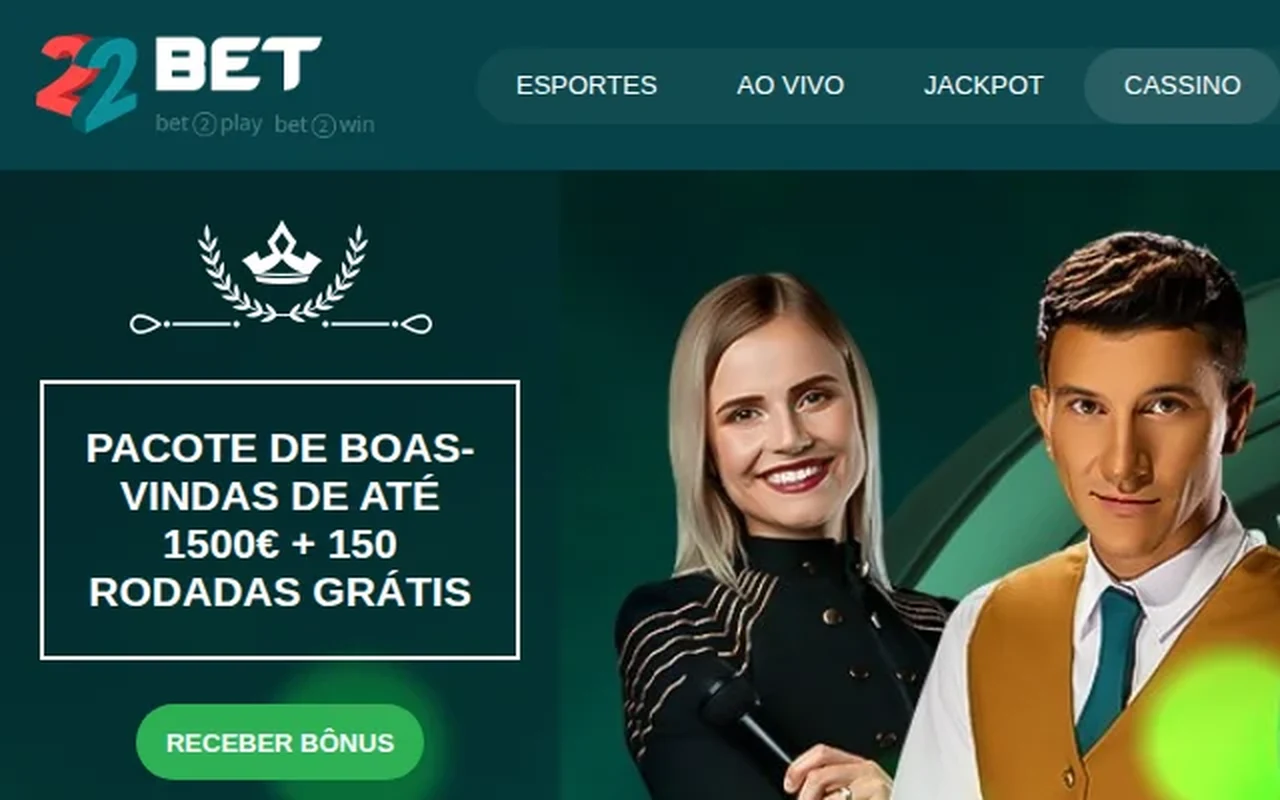 Topo do cassino da 22bet visto do Brasil: a seção Jackpot no menu principal e o pacote de boas-vindas anunciado em euros — «até 1500€ + 150 rodadas grátis»