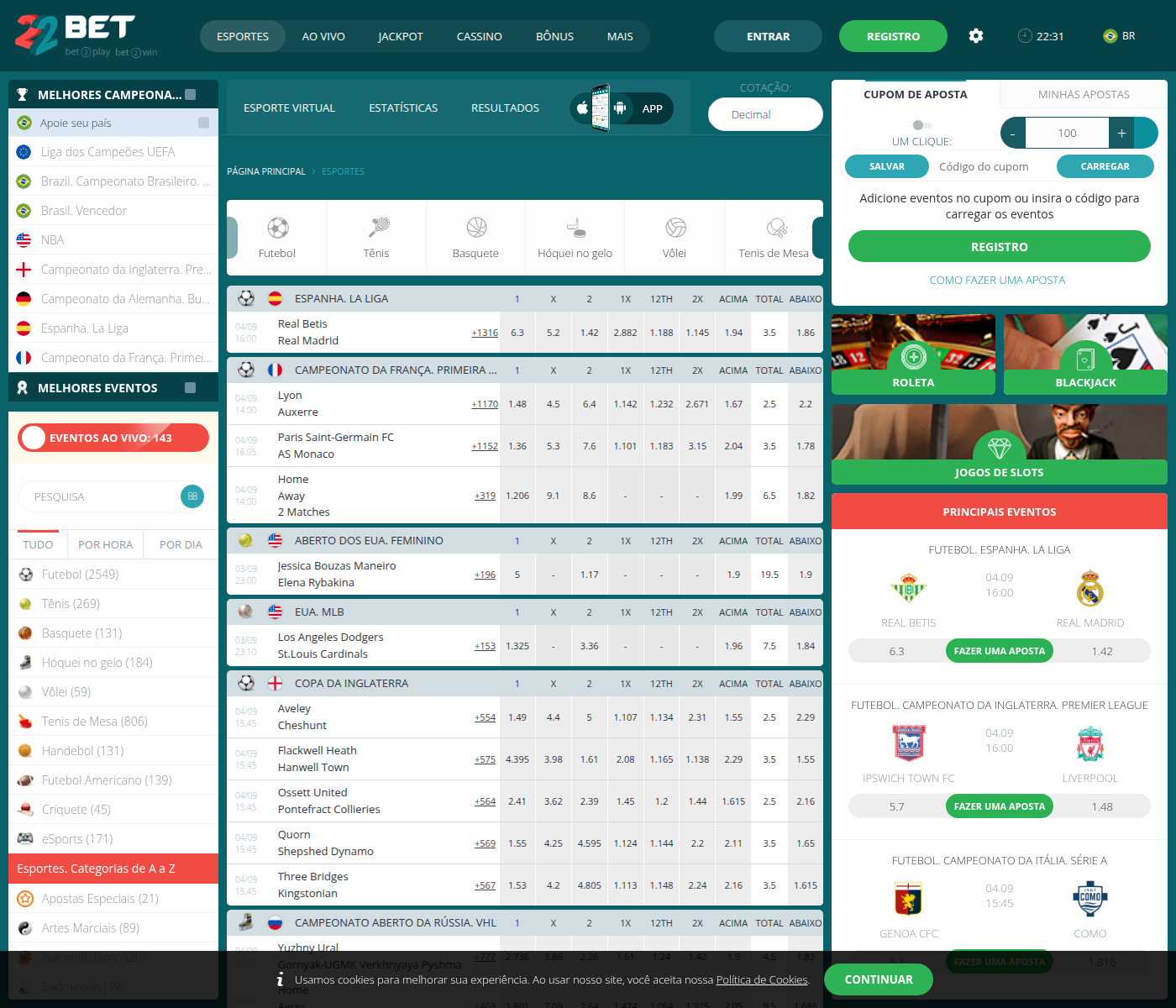 Lista de mercados esportivos da 22bet com dezenas de modalidades