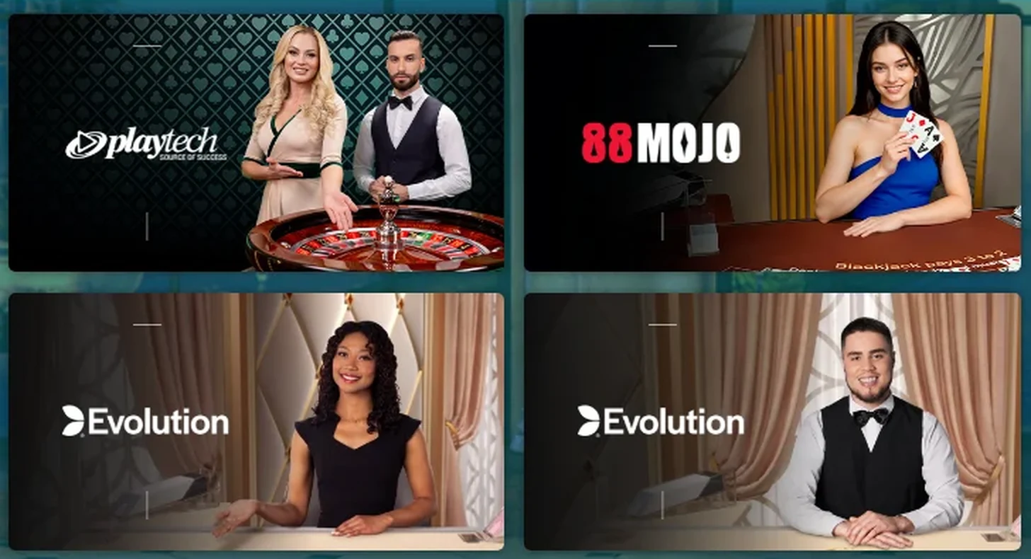 Mesas ao vivo no lobby da 22bet, cada uma com o estúdio no cartão: Evolution, Playtech e 88 Mojo