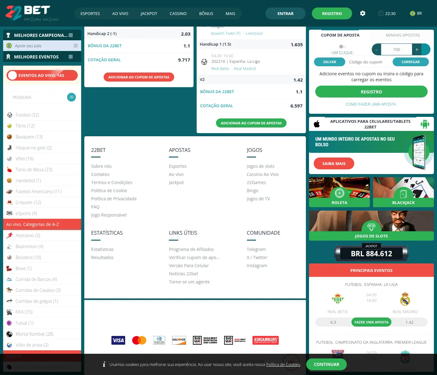 Rodapé da 22bet, sem declaração de licença nem de operadora