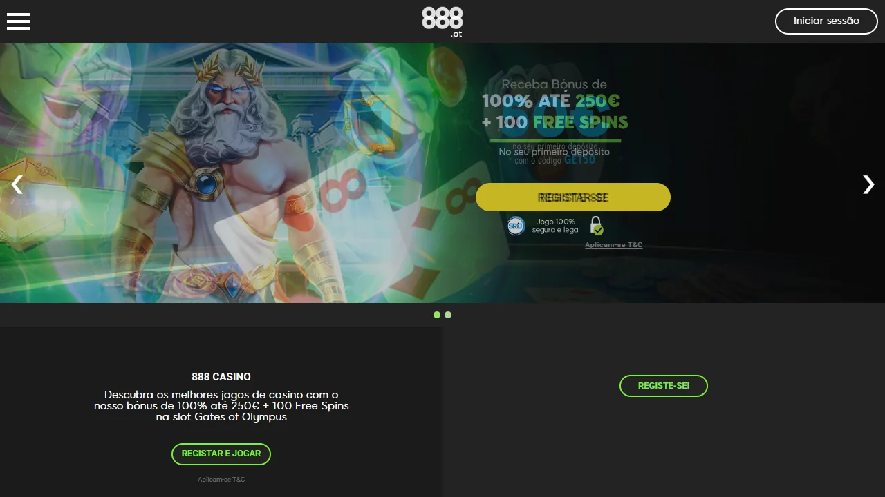 Página inicial do 888 Casino, licenciado pelo SRIJ