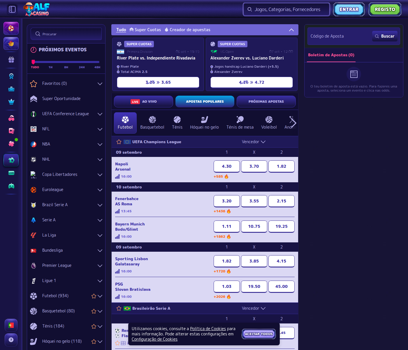 Secção de apostas do Alf Casino com Brasileirão e Libertadores entre as ligas de topo