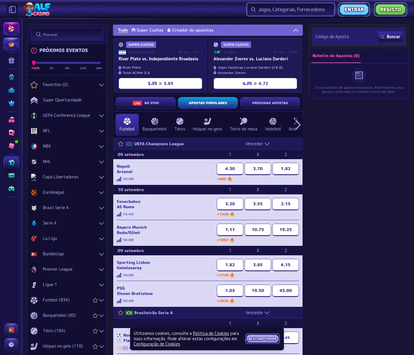 Secção de apostas do Alf Casino com Brasileirão e Libertadores entre as ligas de topo