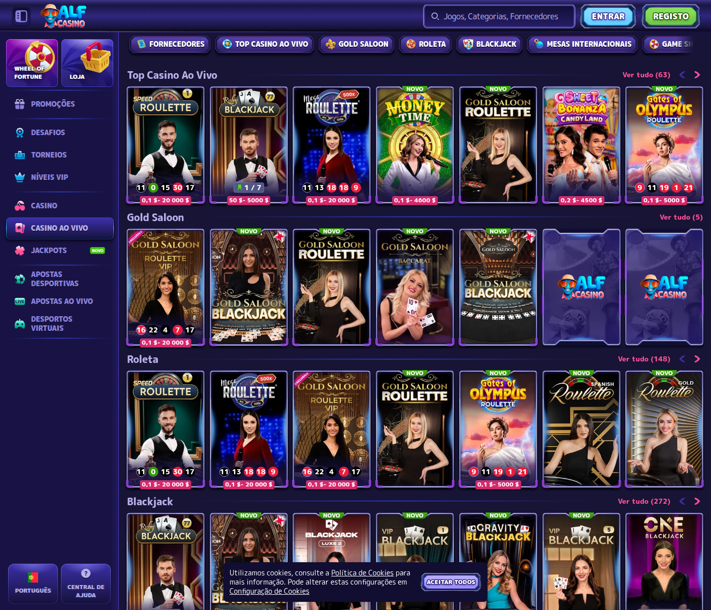 Cassino ao vivo do Alf Casino com os limites das mesas indicados em dólares