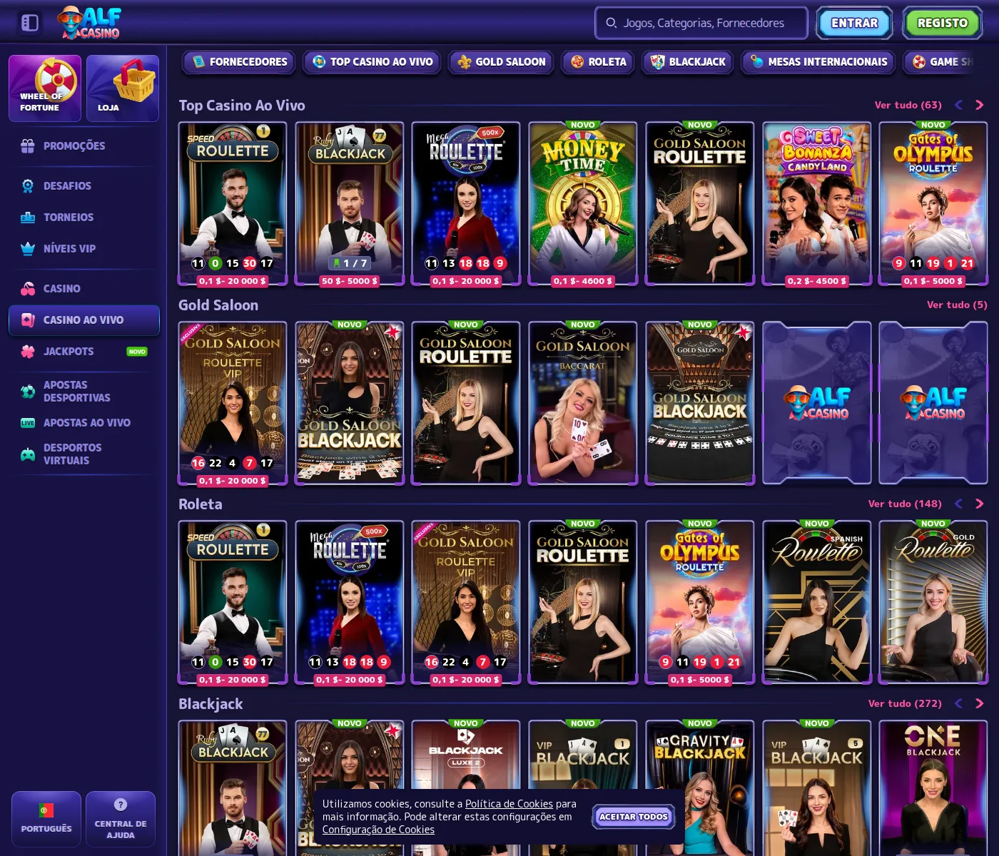 Cassino ao vivo do Alf Casino com os limites das mesas indicados em dólares