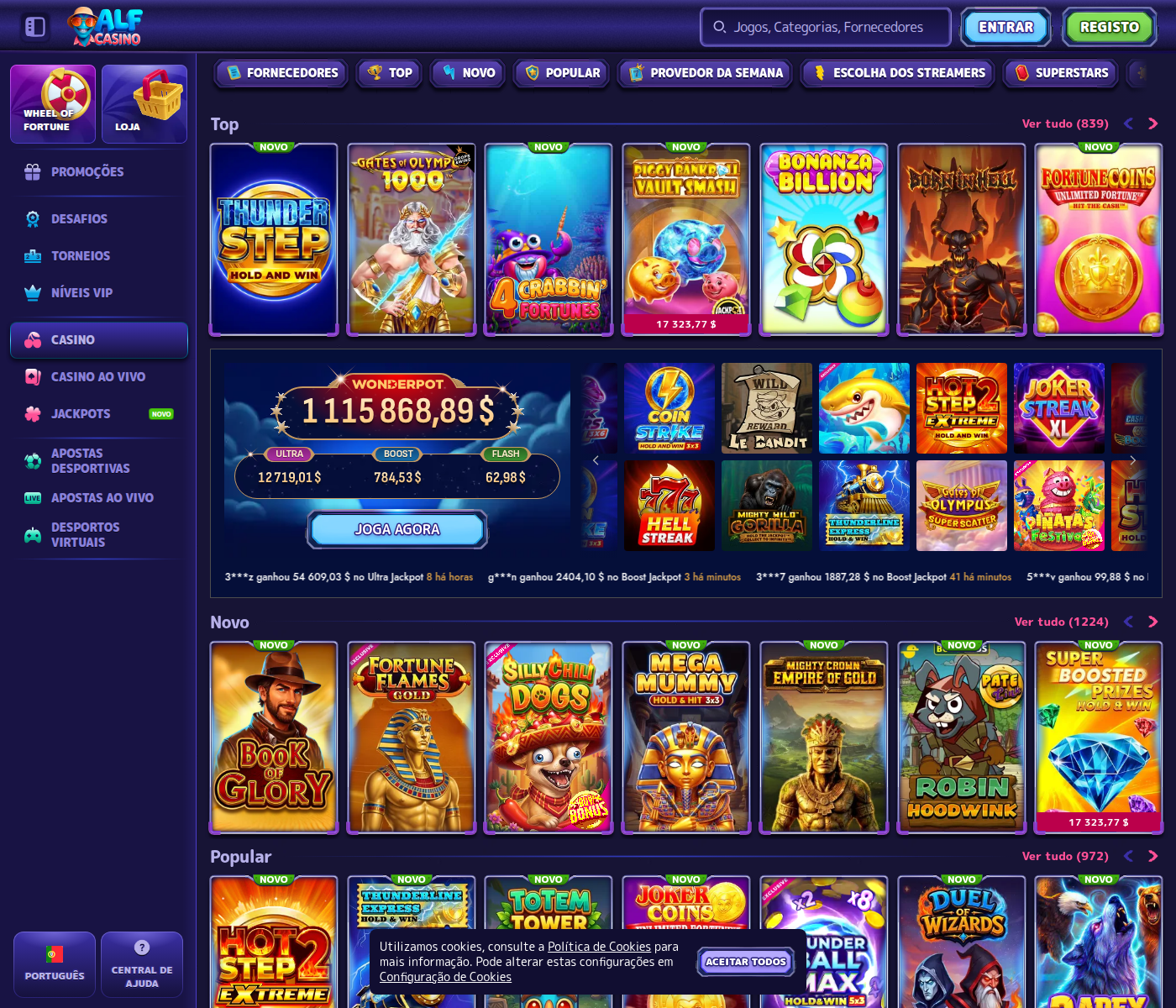 Catálogo do Alf Casino com 839 jogos no topo e as prateleiras Bonus Buys e Megaways