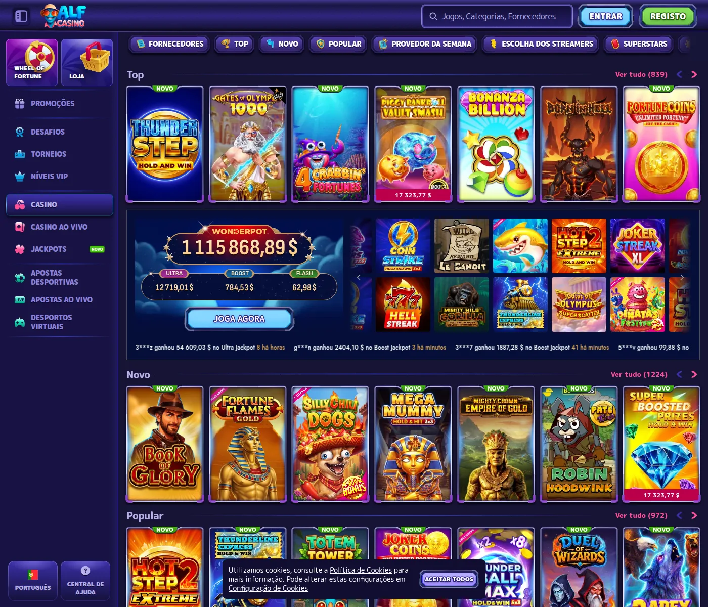 Catálogo do Alf Casino com 839 jogos no topo e as prateleiras Bonus Buys e Megaways