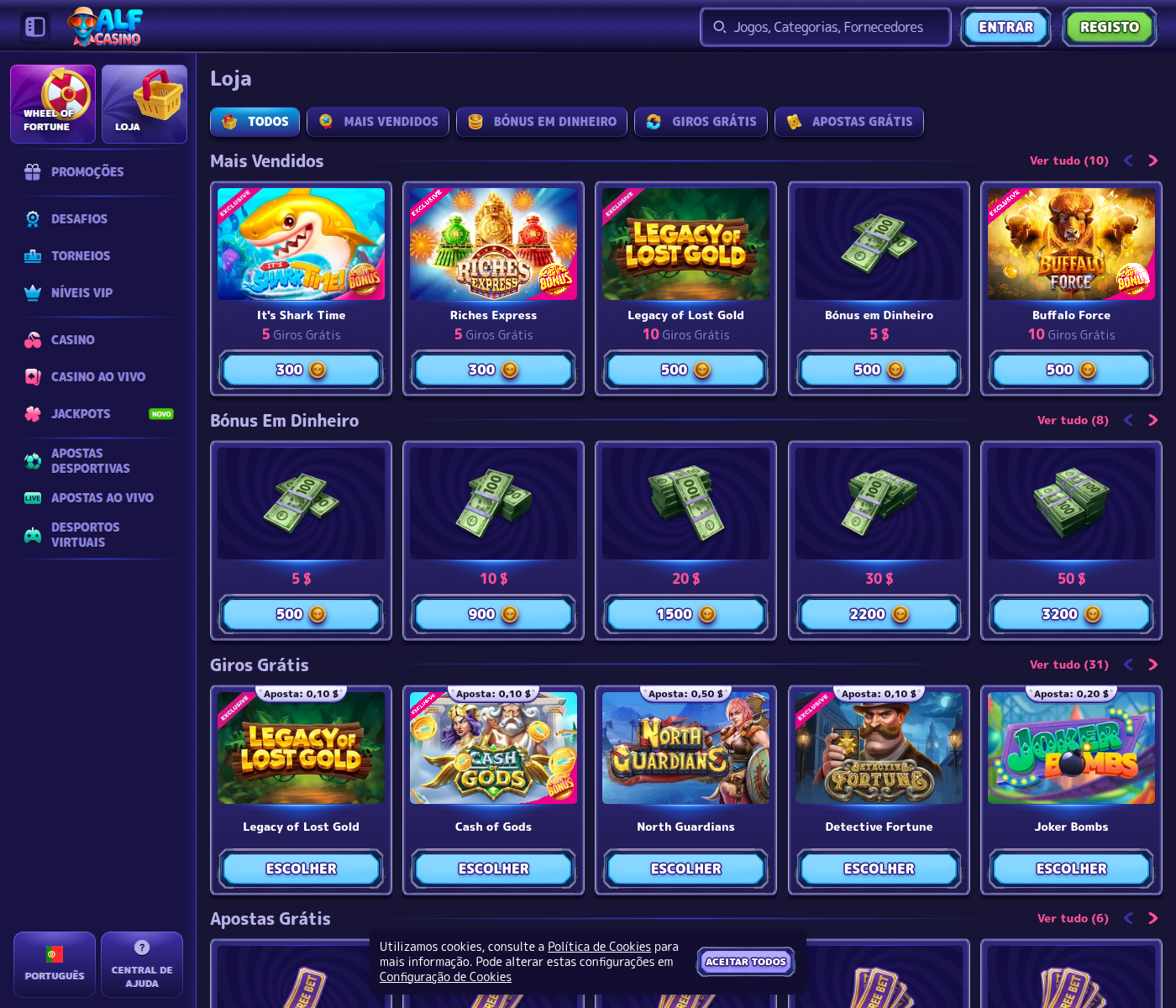 Loja de moedas do Alf Casino com os pacotes de bônus cotados em dólares