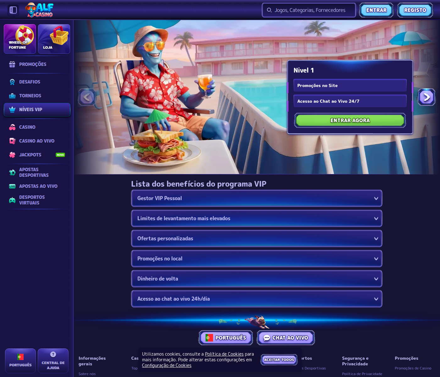 Os cinco níveis VIP do Alf Casino, com limites de levantamento a partir do terceiro