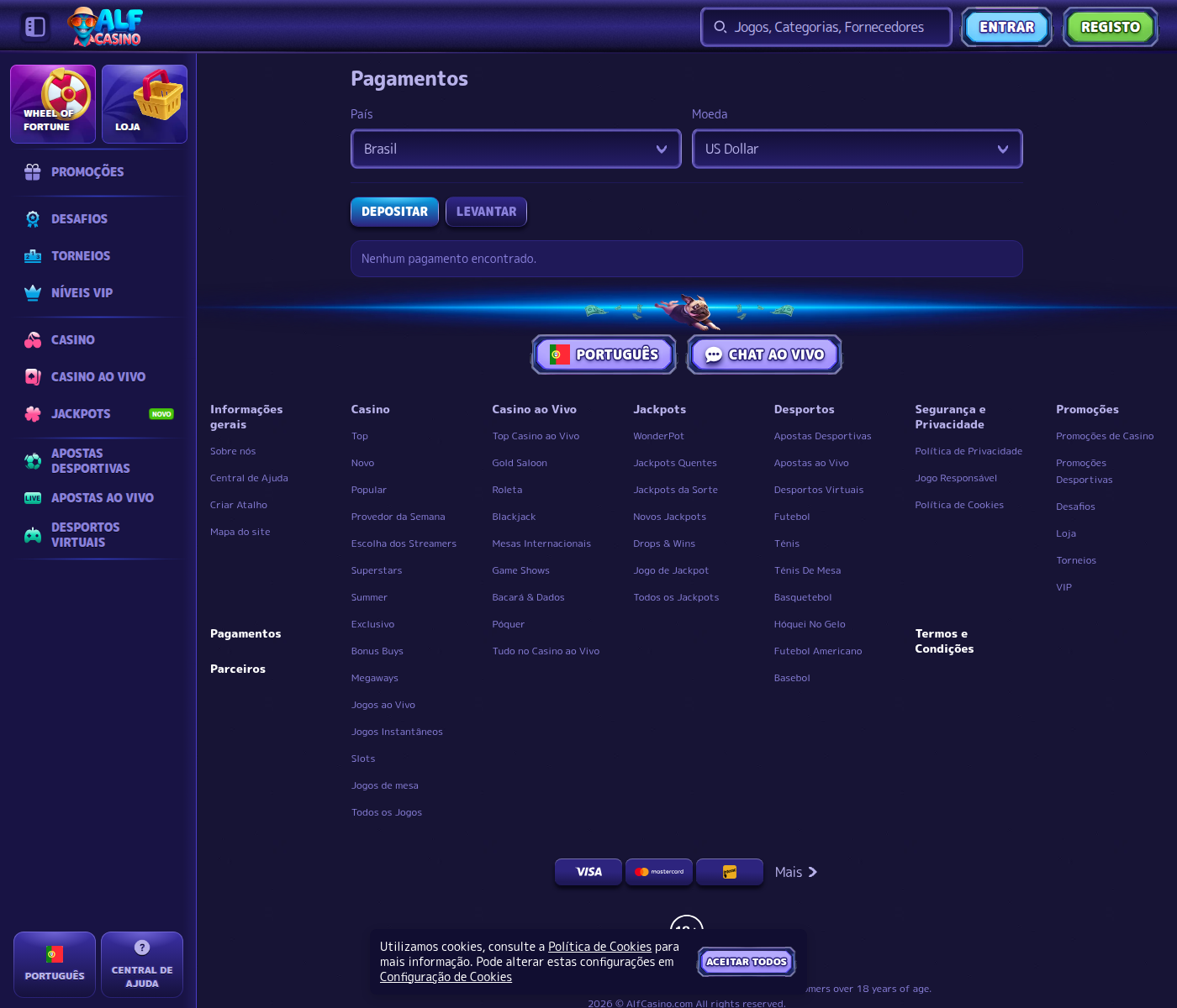 Tabela de pagamentos do Alf Casino com o país Brasil escolhido: nenhum pagamento encontrado