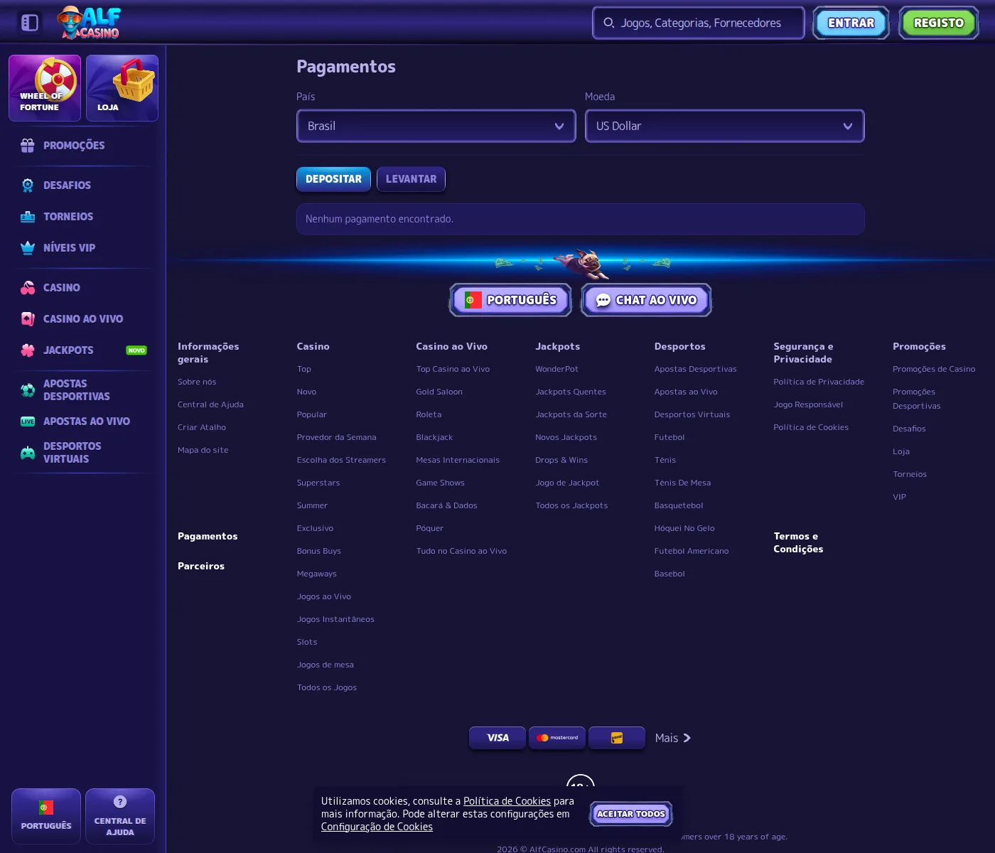 Tabela de pagamentos do Alf Casino com o país Brasil escolhido: nenhum pagamento encontrado