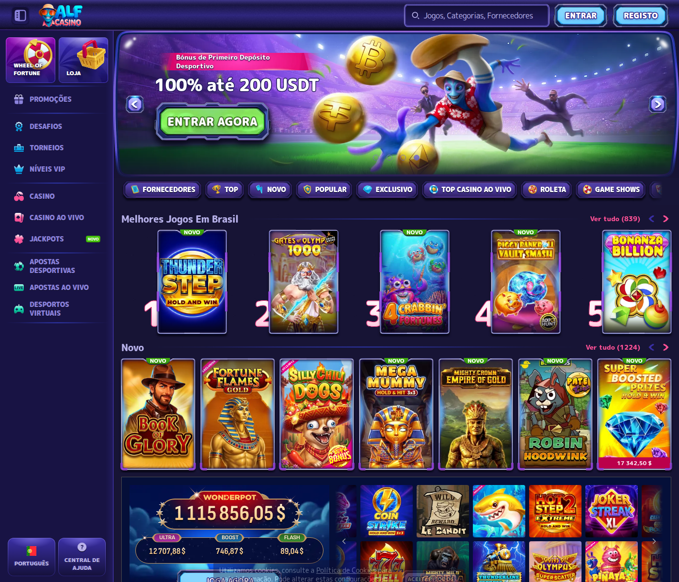 Página inicial do Alf Casino com os bônus anunciados em euros e o menu em português de Portugal