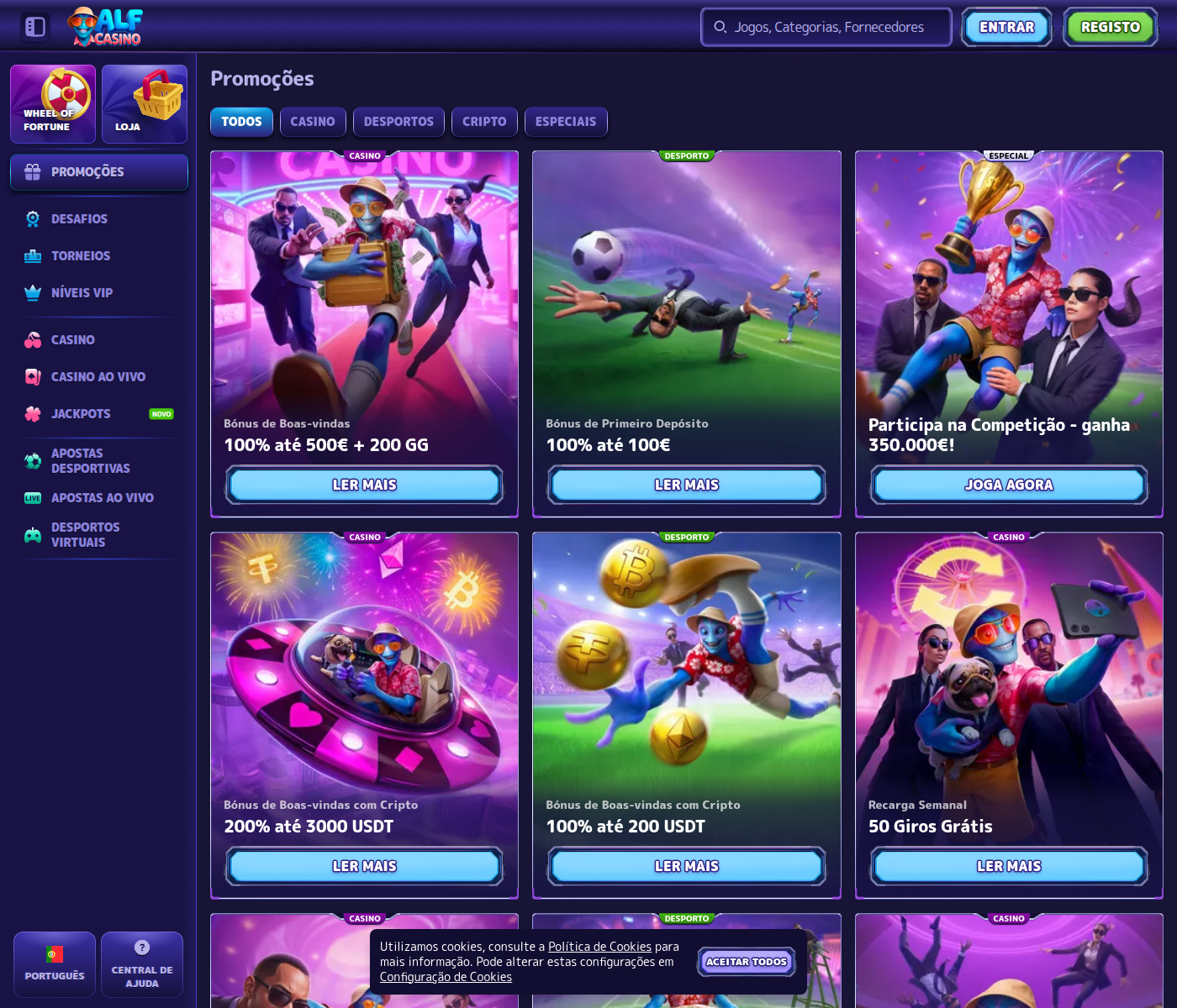 Página de promoções do Alf Casino com dezoito ofertas, todas em euros ou USDT
