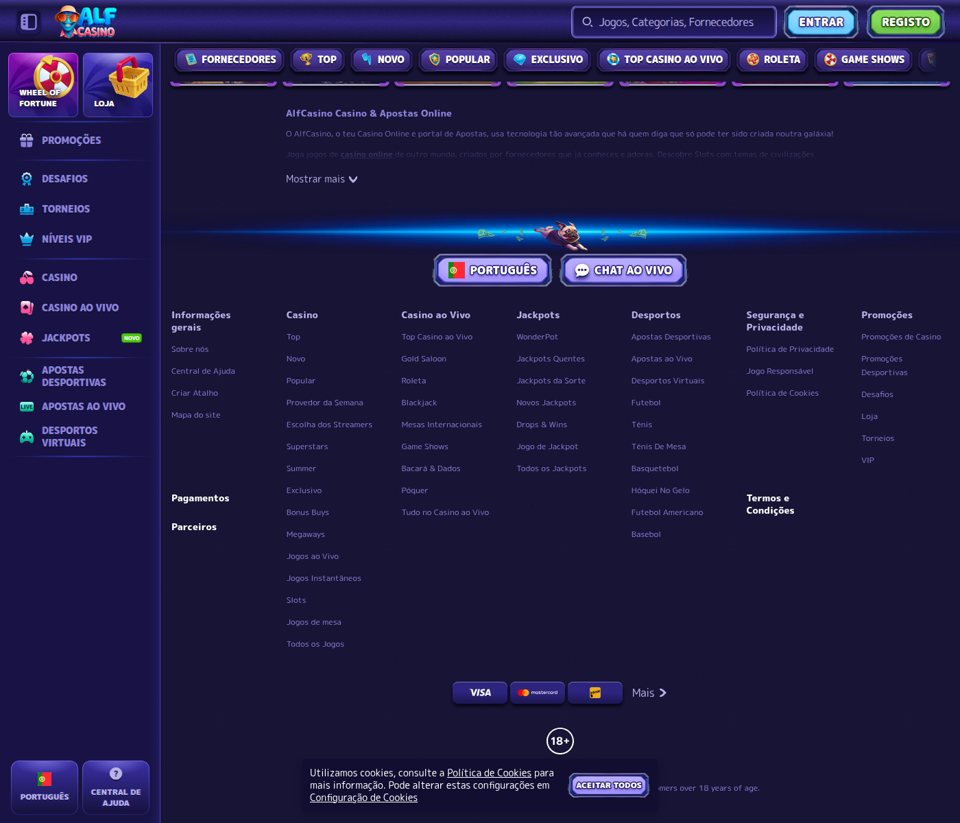 Rodapé do Alf Casino, integralmente em português de Portugal