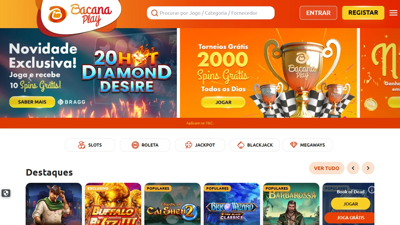 Página inicial do BacanaPlay, casino com licença do SRIJ