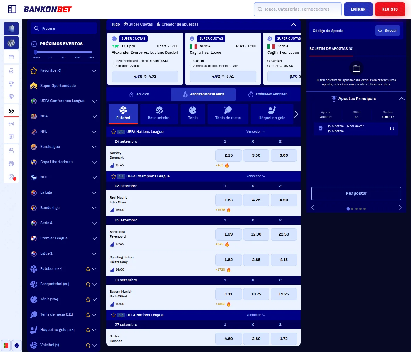 Secção de apostas da Bankonbet com 957 jogos de futebol e a Copa Libertadores em destaque